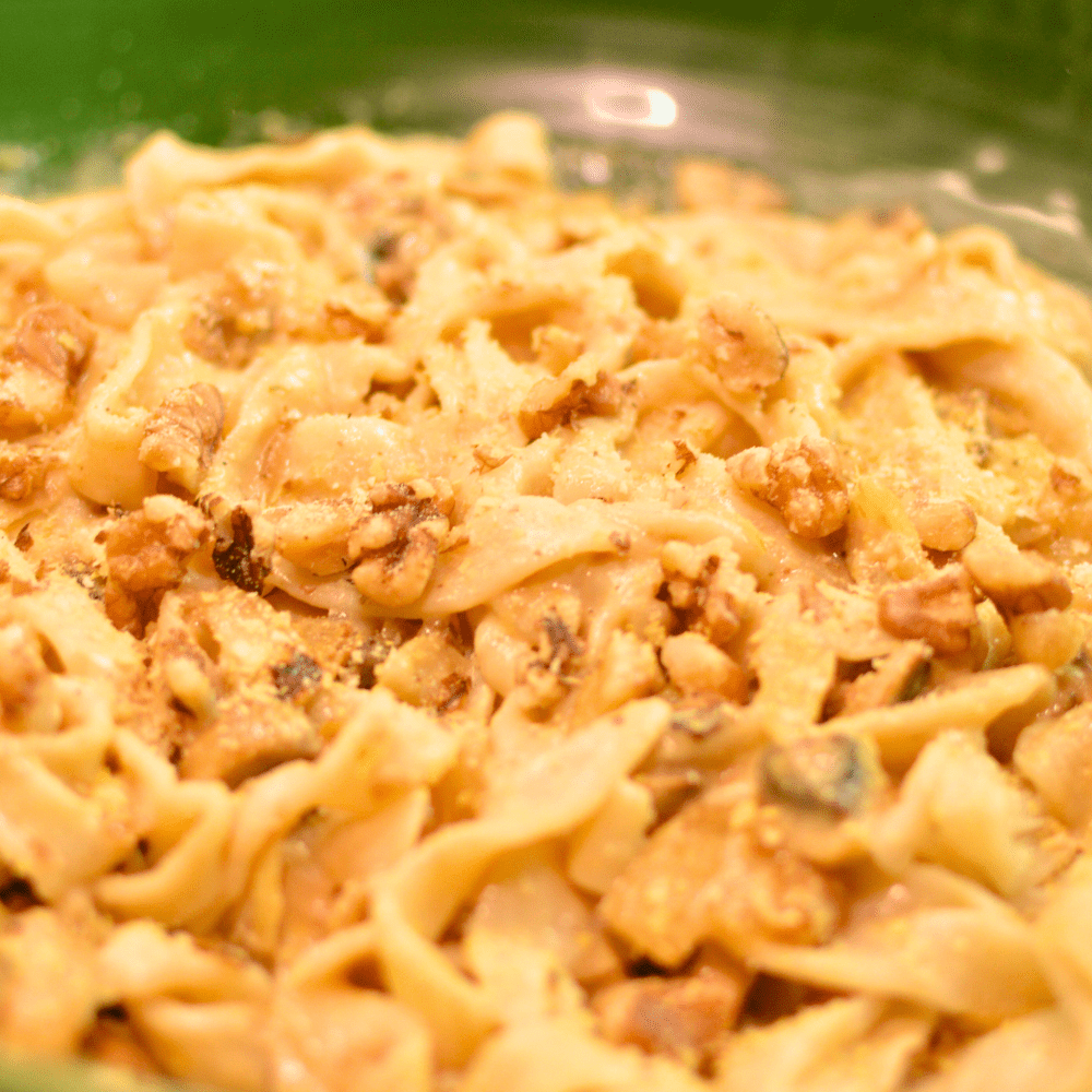 Eggless Pasta with a Creamy Mushroom Tahini Sauce