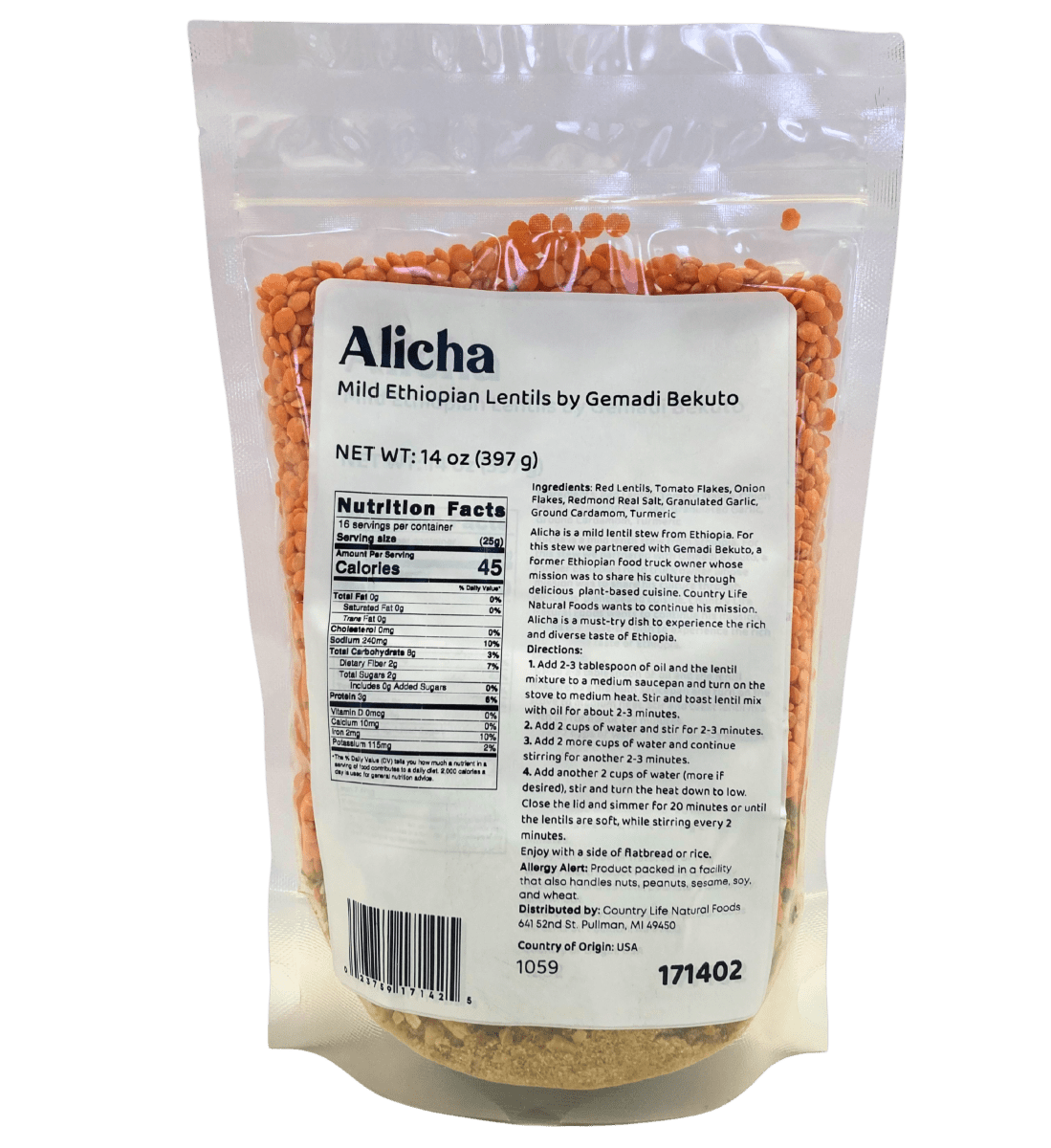 Alicha - Mild Ethiopian Red Lentils, CLNF Easy Meals - Country Life Natural Foods