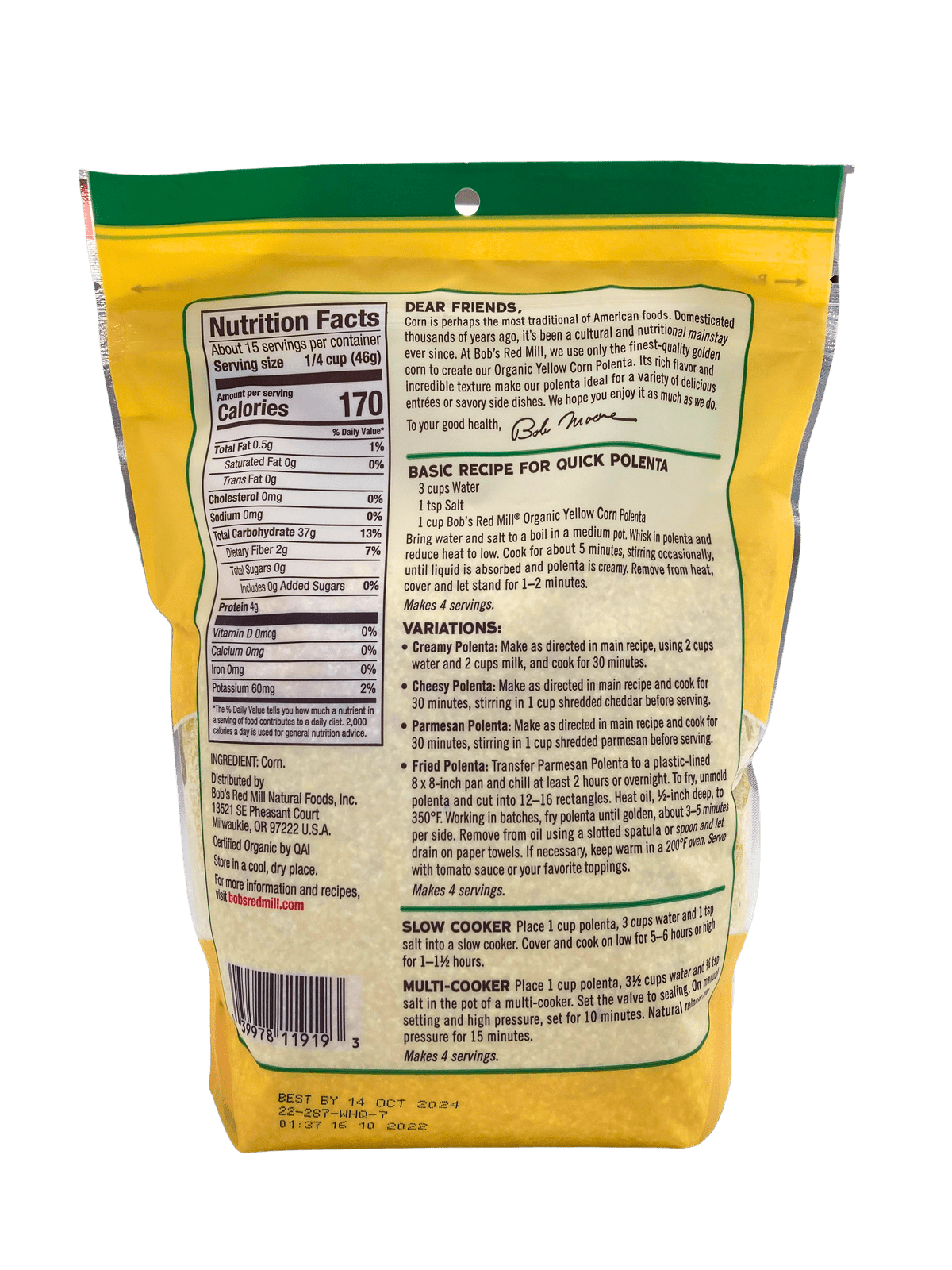 Corn Grits, Yellow, Organic, Polenta, Bob's Red Mill - Country Life Natural Foods