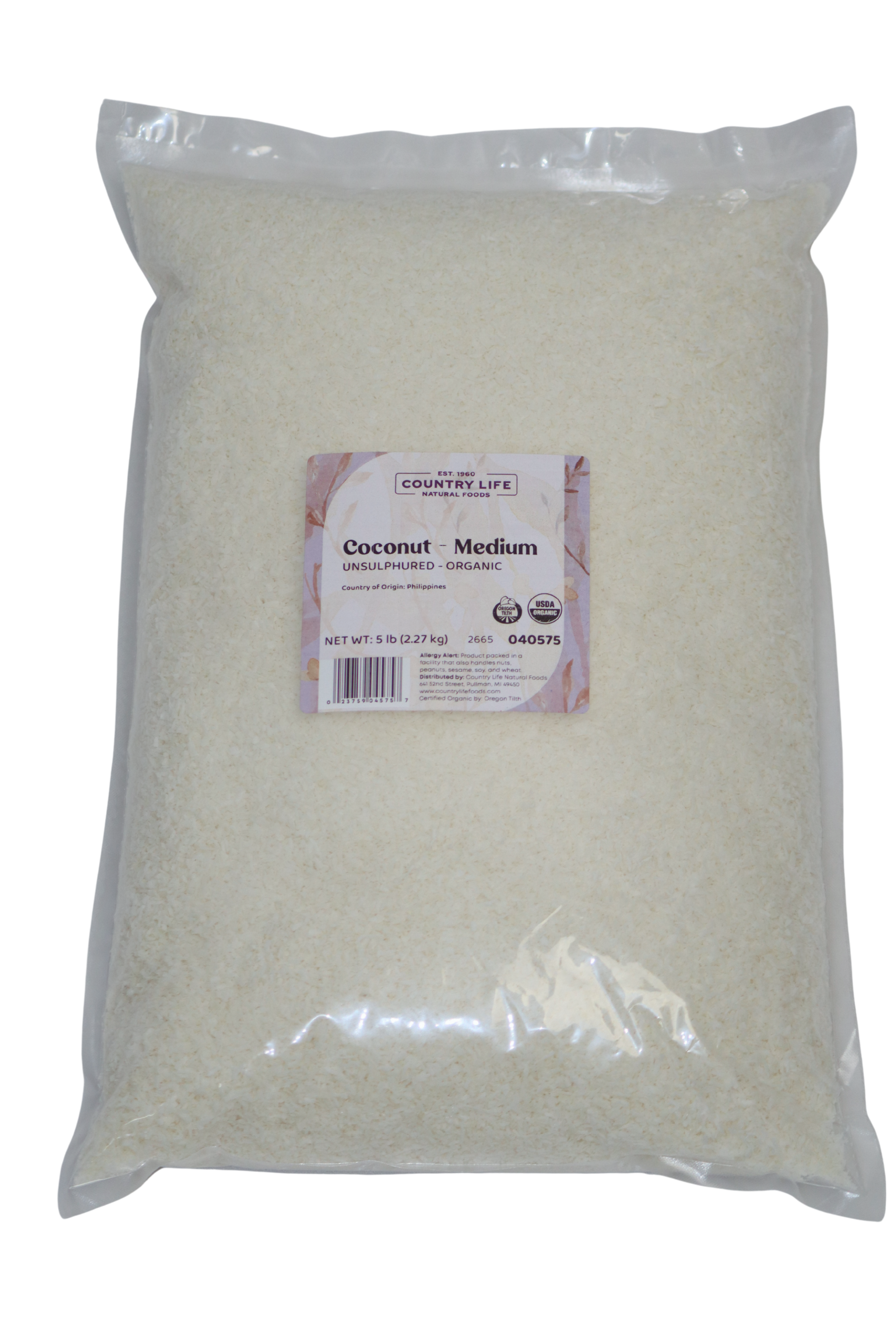 Organic Medium Coconut, 5lbs package from Country Life Natural Foods on a white background.