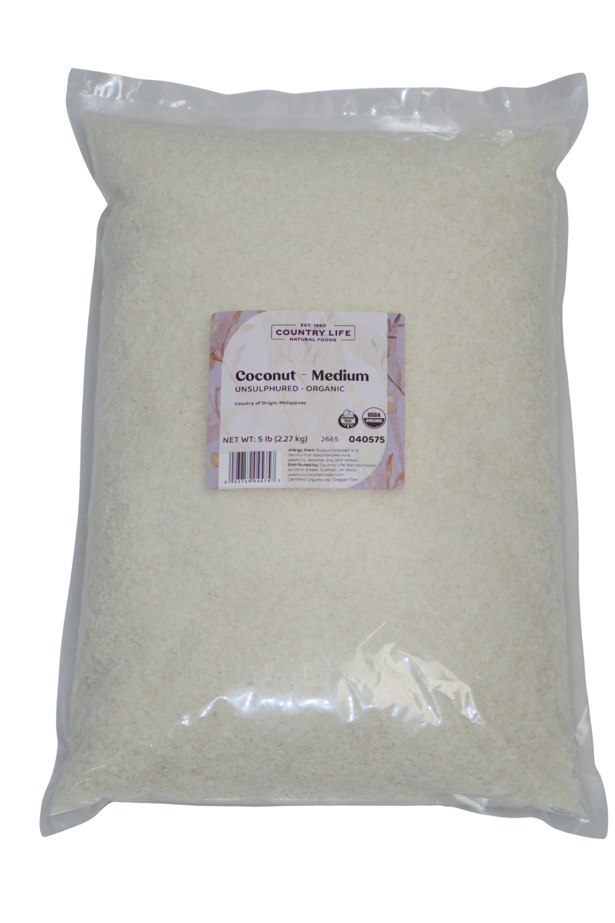 Organic Medium Coconut, 5lbs package from Country Life Natural Foods on a white background.