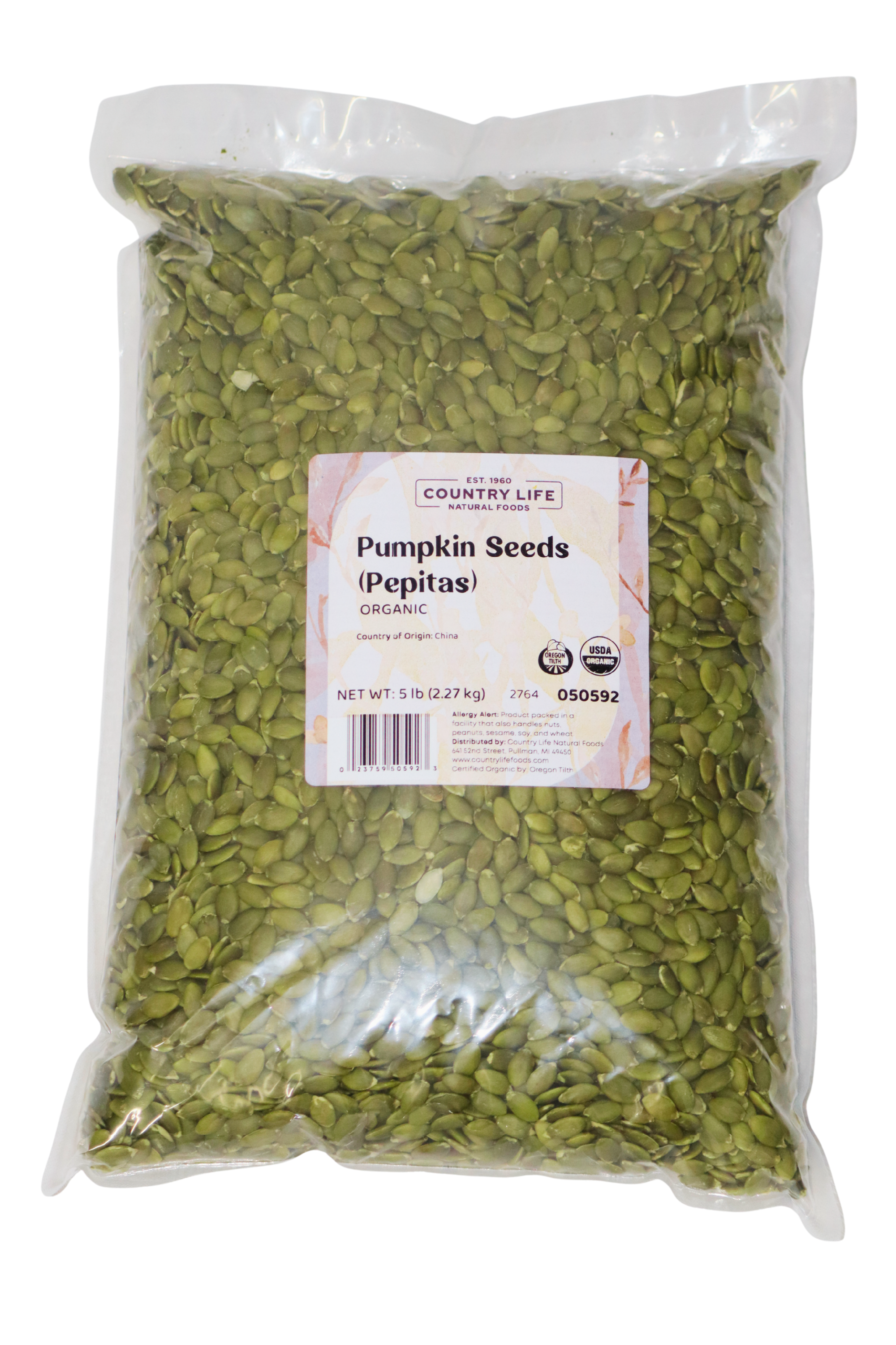 5 lbs bag of Pepitas (Pumpkin Seeds) from Country Life Natural Foods, showcasing the packaging design.