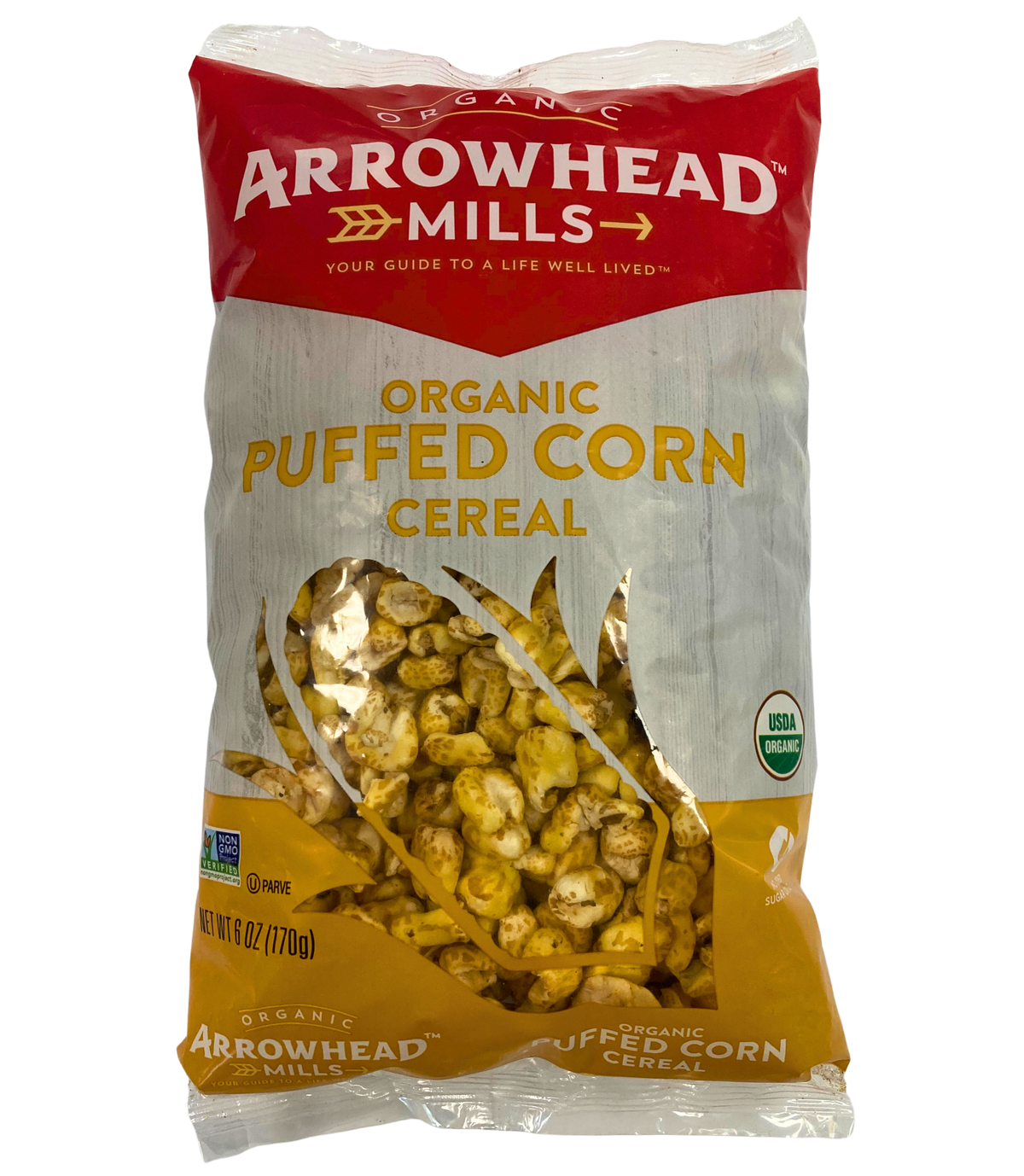 Organic puffed corn cereal in a 6oz package, showcasing its crunchy texture and vibrant packaging.