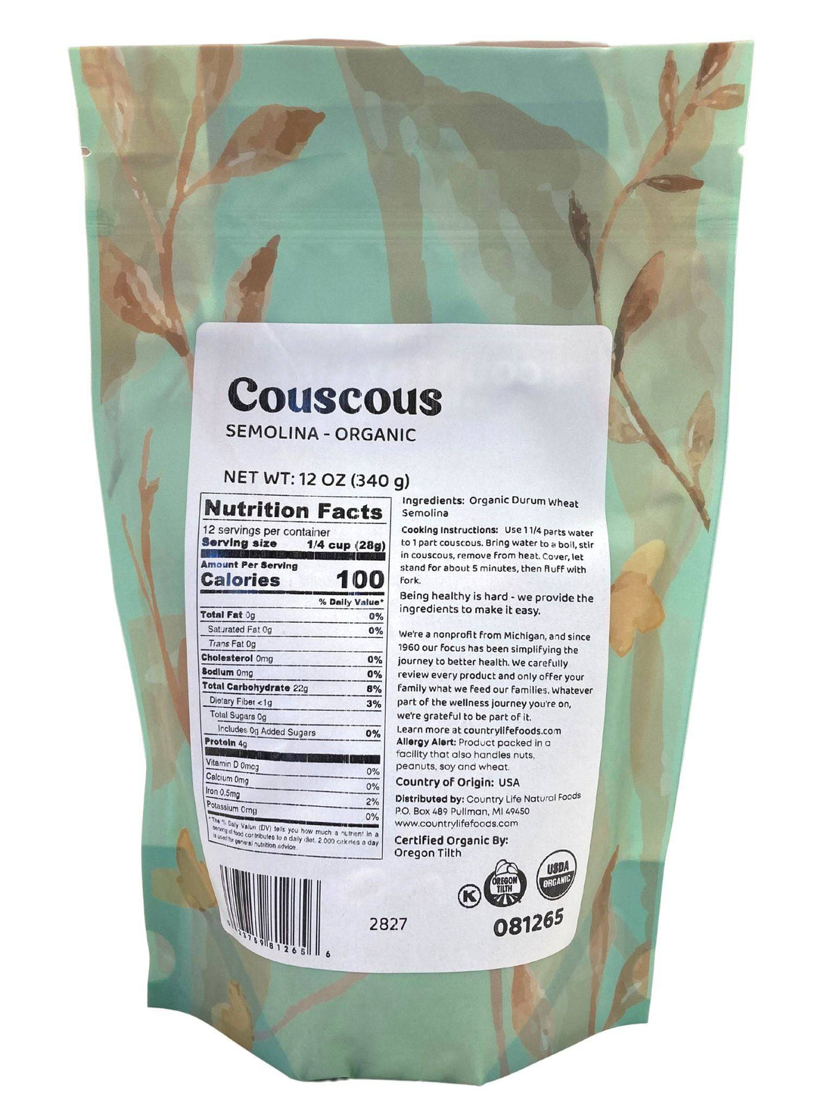 Couscous, Semolina, Organic, Grains - Country Life Natural Foods