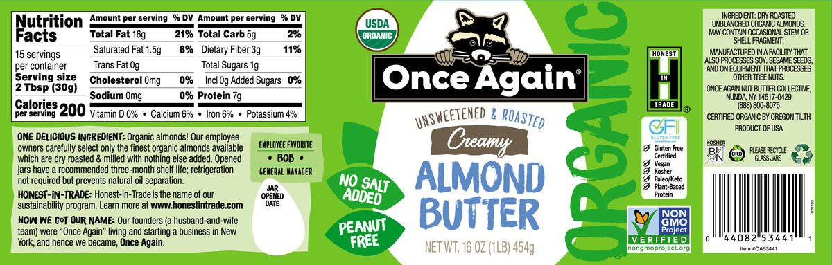 Almond Butter, Creamy, No Salt, Organic, Nut & Seed Butters - Country Life Natural Foods